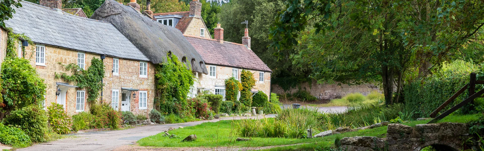 Row of stone cottages with thatched and slate roofs, ivy on walls, and lush gardens along a quiet village lane shaded by trees.